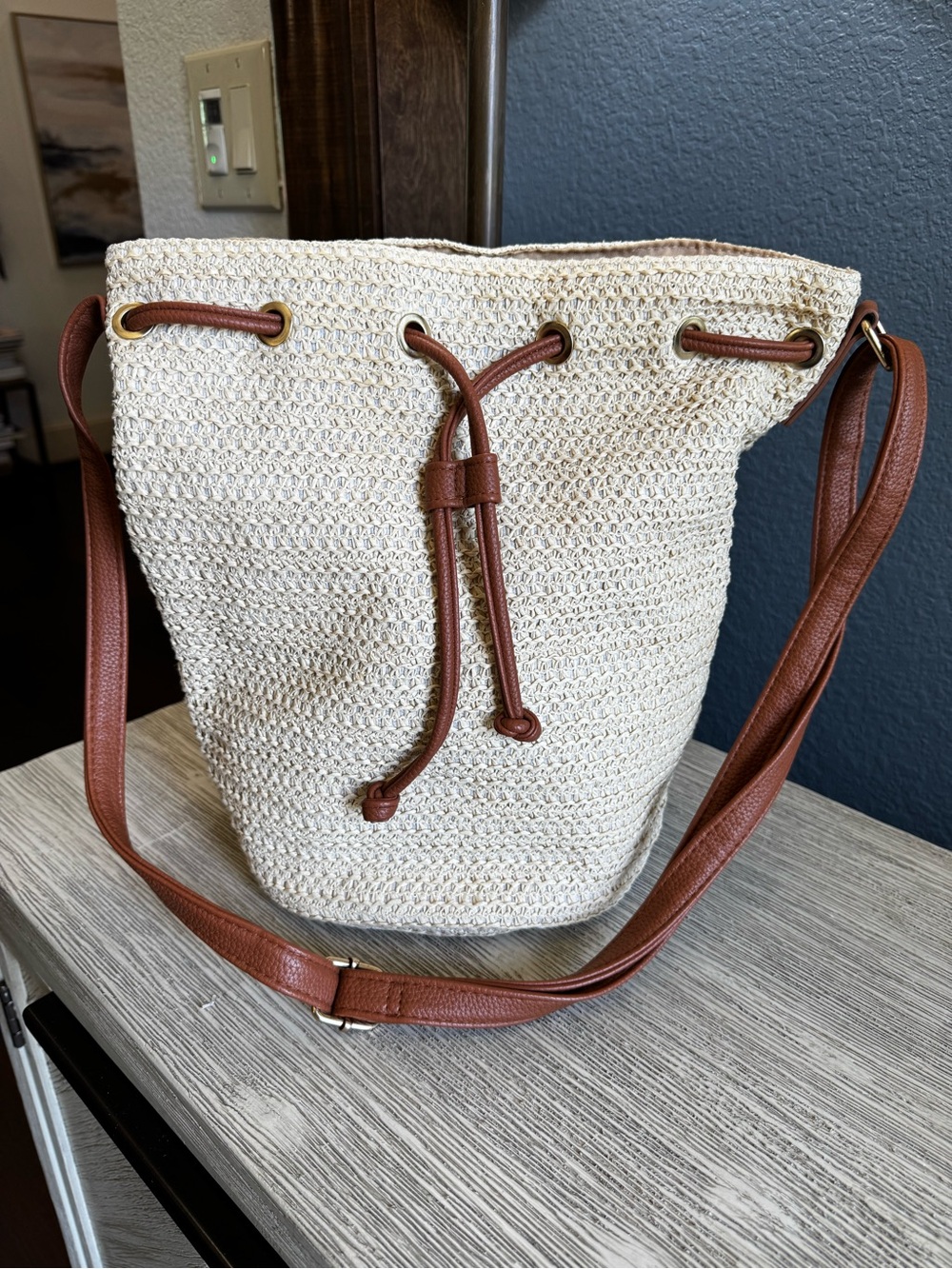 Montce Cream Woven Drawstring Shoulder Bag with Brown Strap
